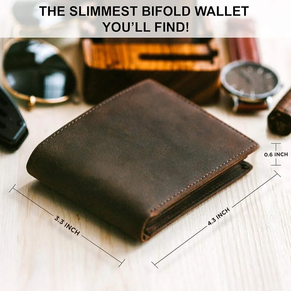 🆕Men Brown Top Grain Leather Extra Capacity Bifold Strong Stitching Wallet
